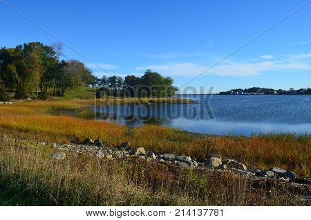 In hingham MA the beautiful landscape of the ocean off the coast of worlds end park