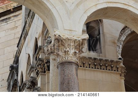 SPLIT, CROATIA - SEPTEMBER 11, 2016: It is the capital of the Roman one of the pillars of the peristyle in the Diocletian's Palace.