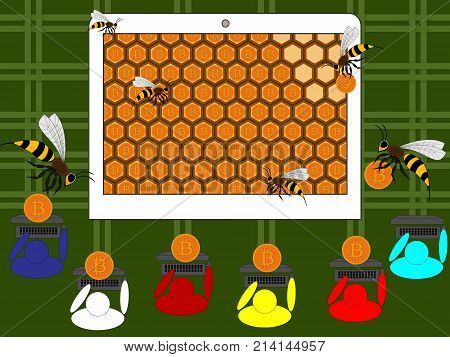 Coin hive cryptocurrency browser mining. Illustration shows a bee who mines coins on the Internet