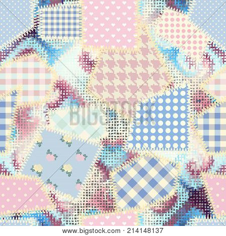 Seamless background pattern. Imitation of a retro patchwork pattern on a rough canvas fabric texture.