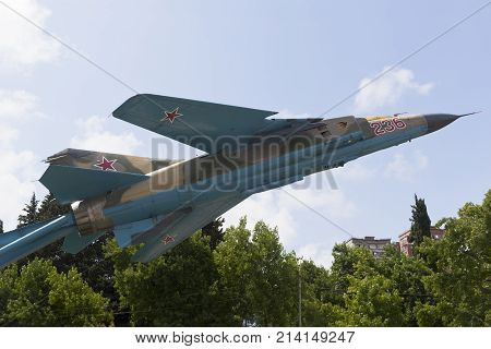 Lazarevskoe, Sochi, Krasnodar region, Russia - July 2, 2014: Monument - the MiG-23 in settlement Lazarevskoye