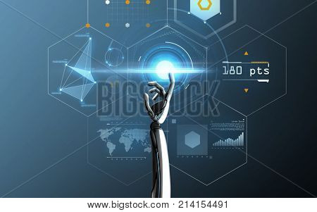 science, future technology and progress concept - robot hand touching virtual screen over blue background