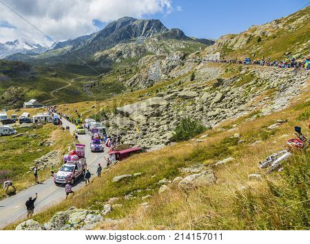 Col de la Croix de Fer France - 25 July 2015: Haribo caravan driving on the road to the Col de la Croix de Fer in Alps during the stage 20 of Le Tour de France 2015. Haribo is the biggest manufacturer of gummy and jelly sweets in the world.