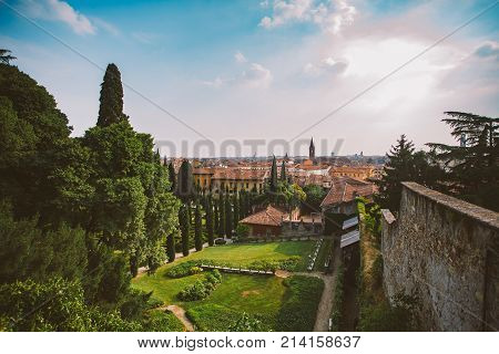 Giusti Garden In Verona, Italy. Architecture And Landmark Of Verona. Postcard Of Verona
