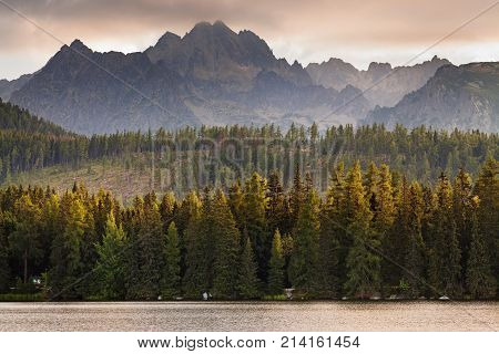 Great view on High Tatra Mountains from Strbske pleso - resort town near the lake named Strbske pleso. High Tatra mountains, Slovakia, Europe