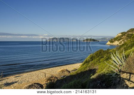 View of the beach of Gerakas the Ionian Sea and nearby islets