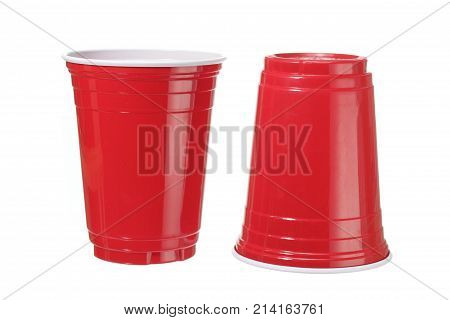Red Plastic Cups on Isolated White Background