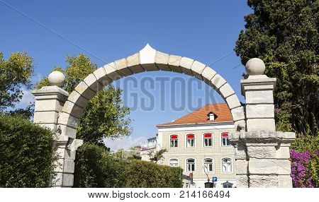 Arch at the entrance to the Marques de Pombal Palace estate in Oeiras Portugal