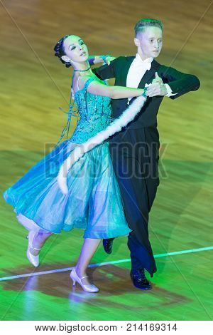 Minsk Belarus -October 29 2017: Professional Dance Couple Perform Youth Standard European Program on the WDSF International WR Dance Cup in October 29 2017 in Minsk Republic of Belarus