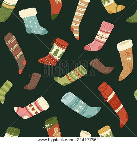 Christmas socks vector Santa Xmas New Year gift traditional Christians symbol sey illustration different textile design food clothes seamless pattern background