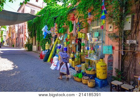 View of old streets with traditional houses at the town of Ayvalik, Turkey on August 19, 2015.