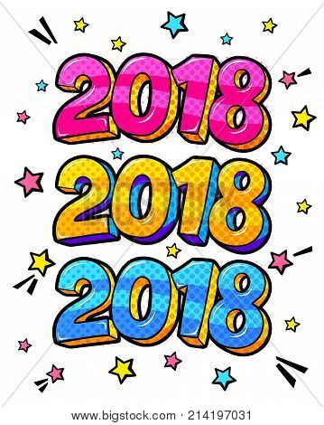 Symbol of the year 2018. Golden, pink and blue numbers 2018 in pop art comic style.