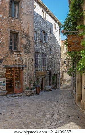 TOURRETTES-SUR-LOUP FRANCE - APRIL 25 2016: Street of Tourrettes-sur-Loup a medieval village in the Alpes-Maritimes department in southeastern France