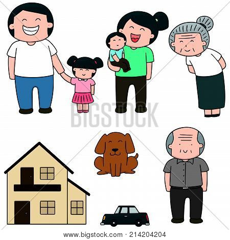 vector set of family, car and house hand drawn cartoon