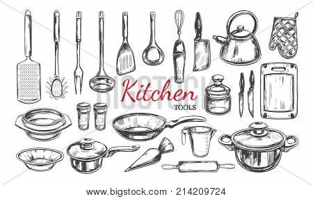Kitchen utensil, tools set. Cooking collection. Vector hand drawn illustrations in sketch style. Isolated objects on white