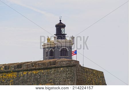 Beautiful panoramic view of the large outer wall with sentry box of fort San Cristobal in San Juan, Puerto Rico