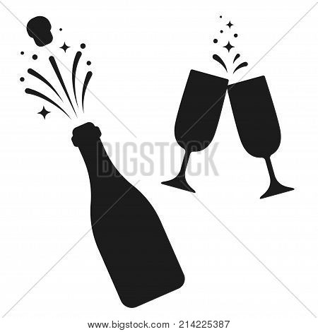 Champagne bottle and two glasses black silhouette icons. Simple minimal vector illustration.
