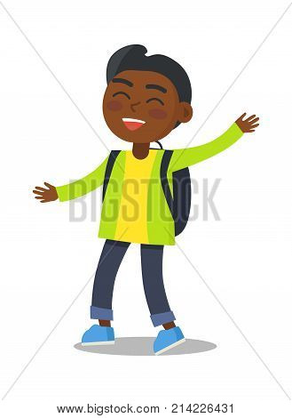Smiling indian kid in green jacket and jeans with blue rucksack vector illustration isolated on white. Happy child with wide smile cartoon character in flat style