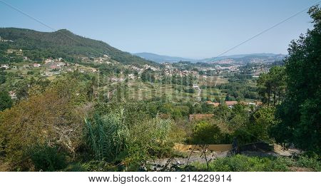 Panoramic view to Redondela and the bay Ria de Vigo, Galicia, Spain