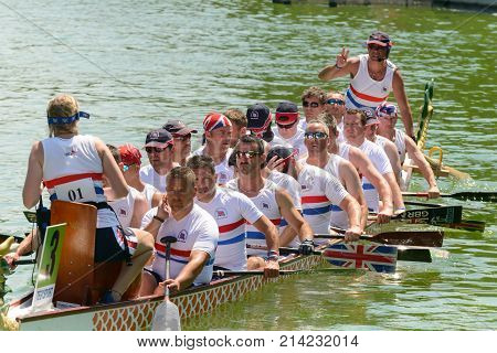 Rome Italy - July 30 2016: Dragon boat crews compete at the european championships held in Italy in 2016 summer the England crew
