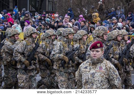 November 18, 2017. NATO soldiers at military parade in Riga, Latvia. Parade in honor of proclamation of Latvia at November 18 for the Independence Day