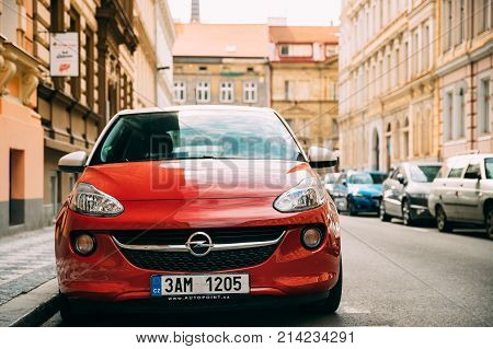 Prague, Czech Republic - September 22, 2017: Red Opel Adam Car Parked In Street Of Residential Area. Opel Adam Is City Car Produced By German Car Manufacturer Opel