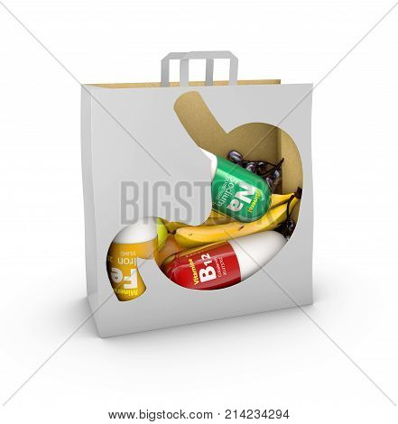 3D Illustration Of Minerals In The Shopping Bag. Isolated White