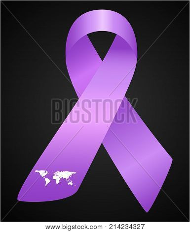 Vector illustration of stylish ribbon for World Lupus Day. Purple awareness realistic ribbon with wordl map isolated on black background.