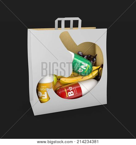 3D Illustration Of Minerals In The Shopping Bag, Isolated Black
