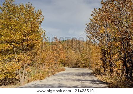 Rural road in the mountains in the autumn, sunny day (region Corinthia, Greece)
