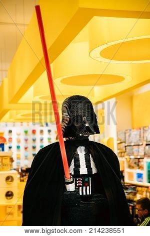 Vilnius, Lithuania - September 30, 2017: Statue Of Darth Vader From Star Wars Assembled From Lego In Lego Store