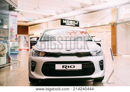 Vilnius, Lithuania - Stptember 30, 2017: Demonstration Of New White Kia Rio Car In The Hall Of Acropolis Shopping Center.