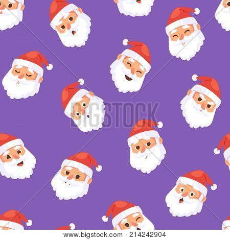 Christmas Santa Claus head emotion faces vector expression character poses illustration emojji. Xmas man in red traditional costume and Santa hat on head seamless pattern background