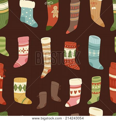 Christmas socks vector Santa Xmas New Year gift traditional Christians symbol sey illustration different textile design food clothes seamless pattern background