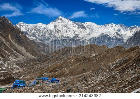 Himalayan landscape at sunny day. View to Gokyo and mount Cho Oyu. Himalayas.