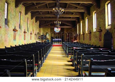 October 27, 2017 in Ontario, CA:  San Secondo D'Asti Catholic Church which is a historic cathedral with Spanish Italian architectural design where people can visit daily and attend Saturday and Sunday Services while being around a beautiful ambiance