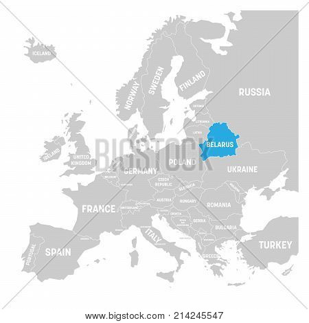 Belarus marked by blue in grey political map of Europe. Vector illustration.