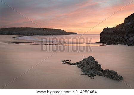 Beautiful Sunrise Landsdcape Of Idyllic Broadhaven Bay Beach On Pembrokeshire Coast In Wales
