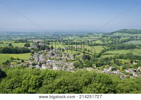 View of the village of North Nibley from the top of the Tyndale Monument on the Cotswold Way Gloucestershire UK