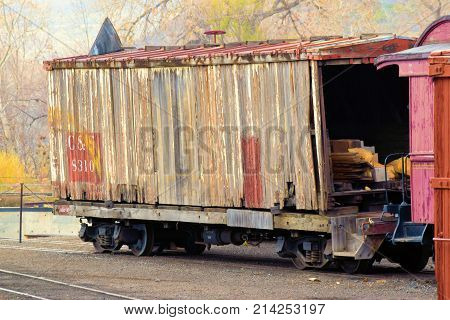 November 6, 2017 in Golden, CO:  Vintage rail cars taken at The Colorado Railroad Museum in Golden, CO where people can observe these rail cars upfront in this stockyard
