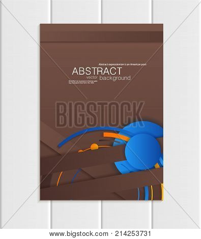 Stock vector brochure A5 or A4 format material design style. Design business templates with blue abstract round shapes on brown backgrounds for printed material, element corporate style, card, cover