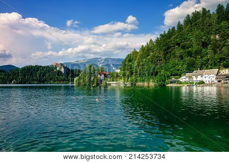 Colorful summer scene on the Bled lake with medieval castle Blejski grad. Slovenia, Europe.