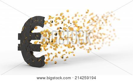 fractured euro sign dispersing with wind, 3d illustration, isolated on white