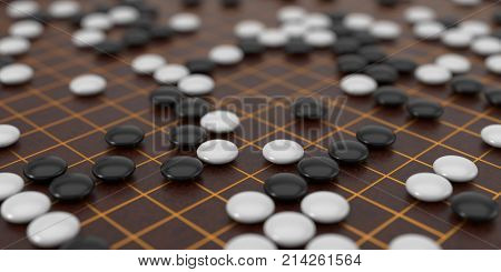 Traditional asian goban board and weiqi go game. 3d illustration, with depth of field blur effect.