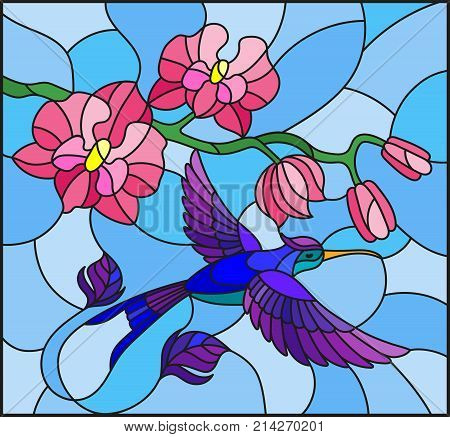 Illustration in stained glass style with a branch of pink Orchid and bright bird Hummingbird on a blue background