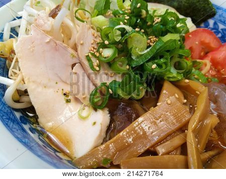 Japanese bukkakesoba buckwheat soba noodle soup served cold