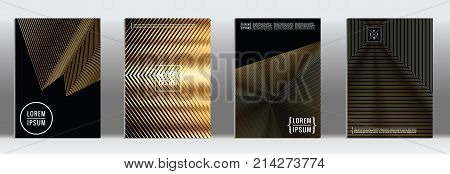 Minimal Cover in Gold. Vector Geometric Abstract Line Pattern for Poster Design. Set of Minimal Covers for Business Brochures. Gold Black Banner Background. Graphic Pattern for Annual Album Backdrop.