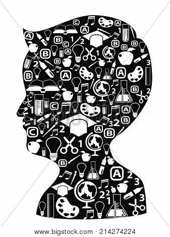 isolated boy head full of creative ideas iocns on white background