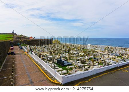 San Juan, Puerto Rico - May 08, 2016: The old Cemetery at San Juan at Puerto Rico and view of the ocean
