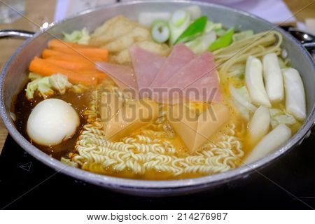 Budaejjigae or Instant noodles hot pot Korean style that to put many things